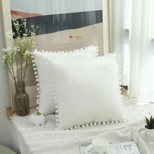 Housse de Coussin en Velours avec Pompons