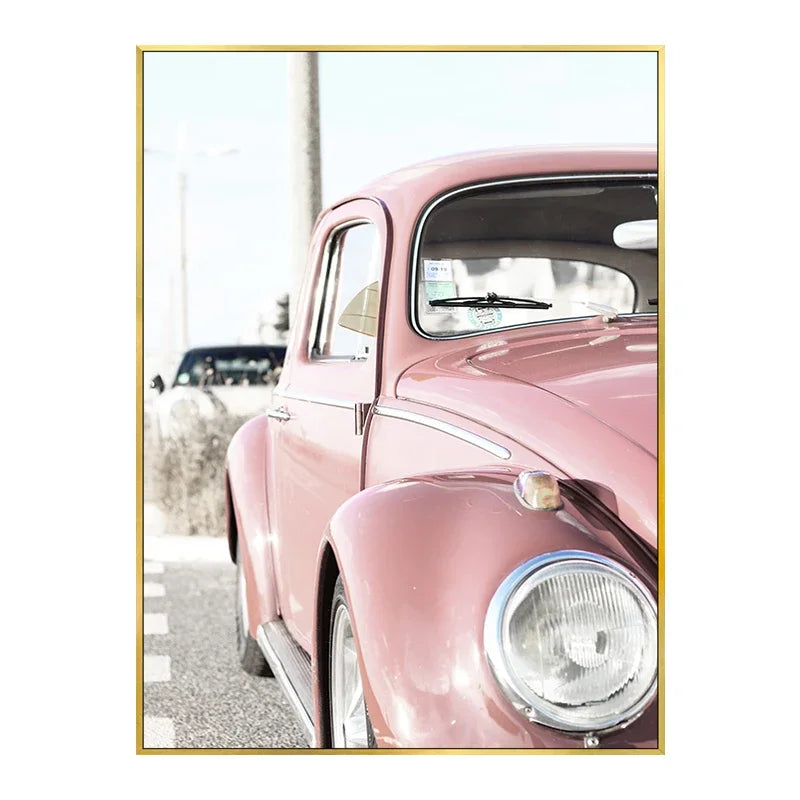 Tableau Décoratif Vintage Rétro - Voiture Rose & Téléphone