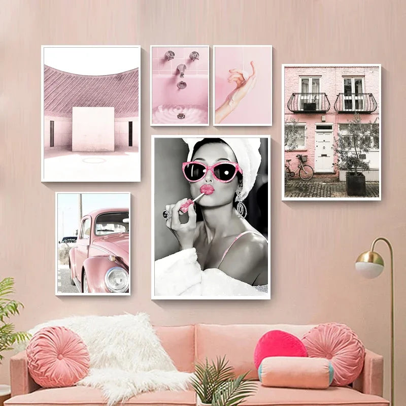 Tableau Décoratif Vintage Rétro - Voiture Rose & Téléphone
