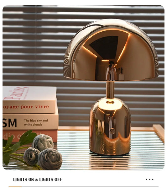 Lampe de table LED Champignon en métal brillant – Rechargeable et tactile