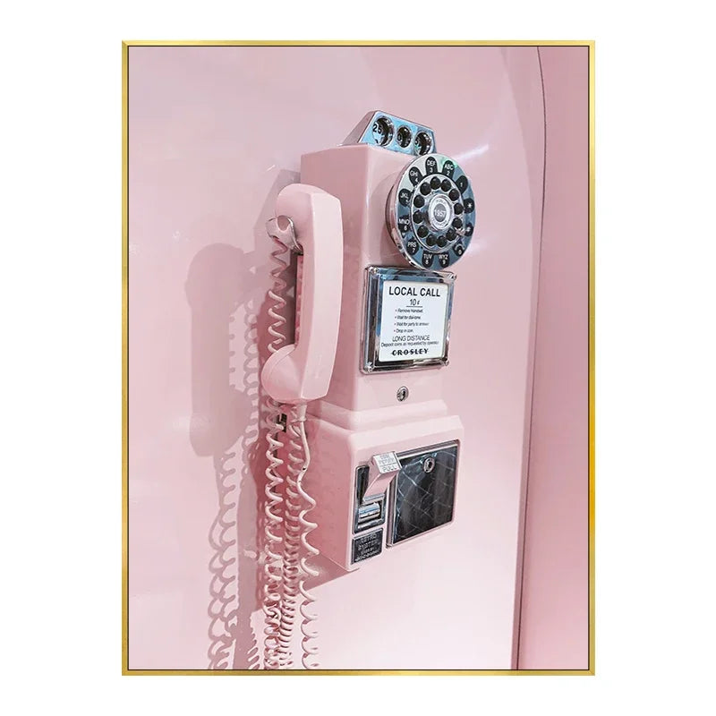 Tableau Décoratif Vintage Rétro - Voiture Rose & Téléphone