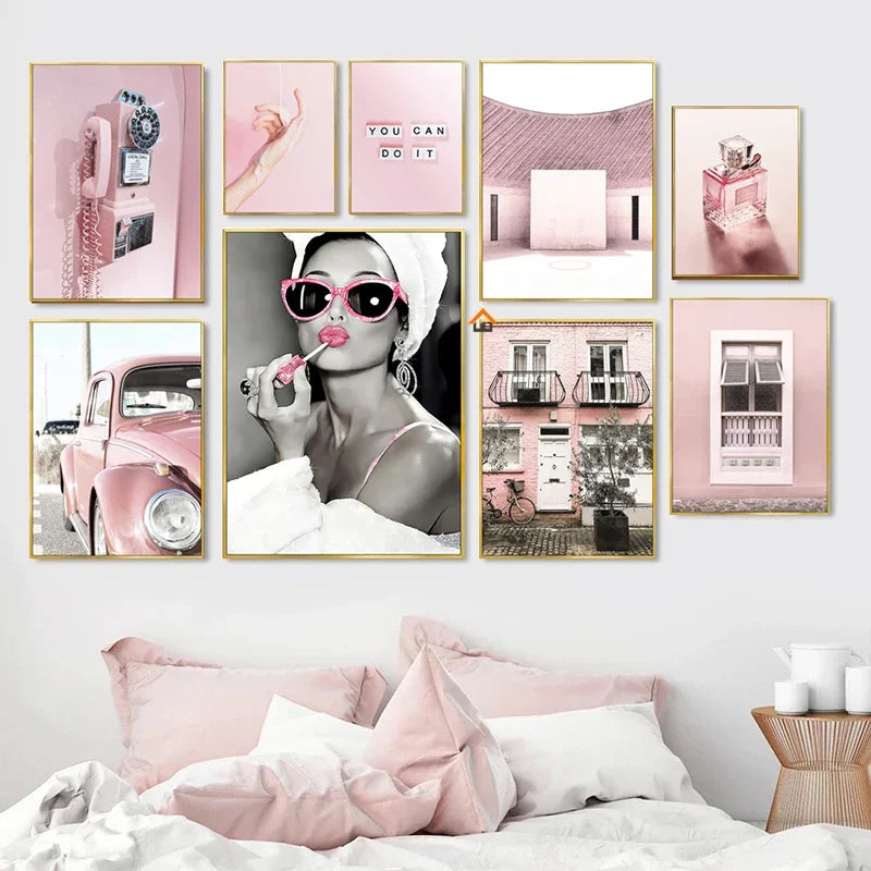 Tableau Décoratif Vintage Rétro - Voiture Rose & Téléphone