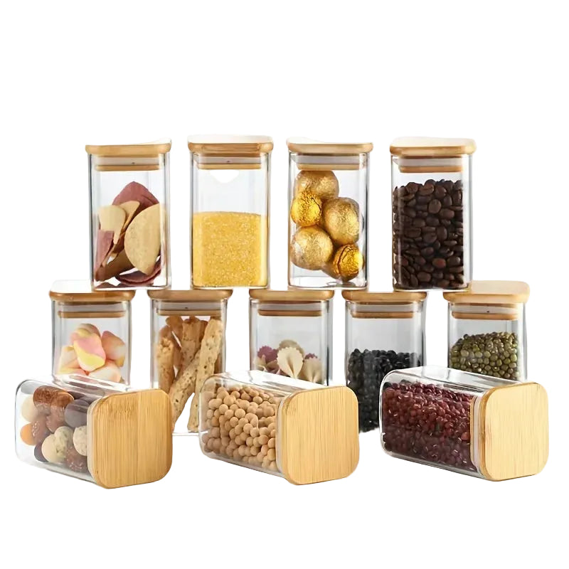 Bocaux en verre avec couvercle en bambou — set de 12 — organisation et décoration de cuisine