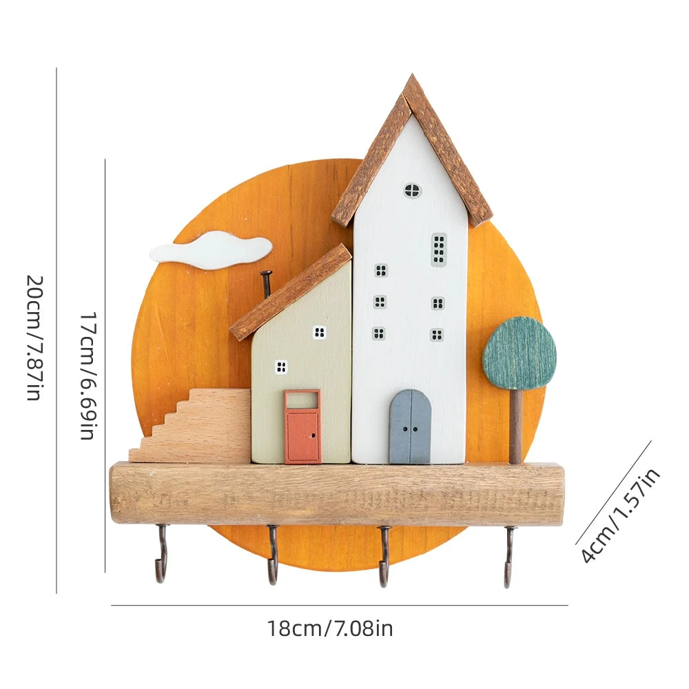 Support à Crochets « Ville de Conte de Fées » – Rangement mural décoratif en bois