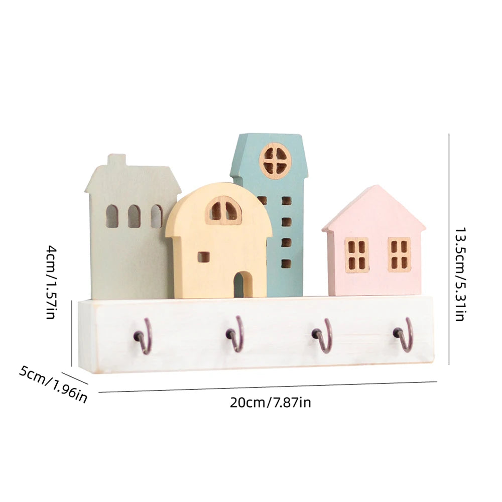 Support à Crochets « Ville de Conte de Fées » – Rangement mural décoratif en bois