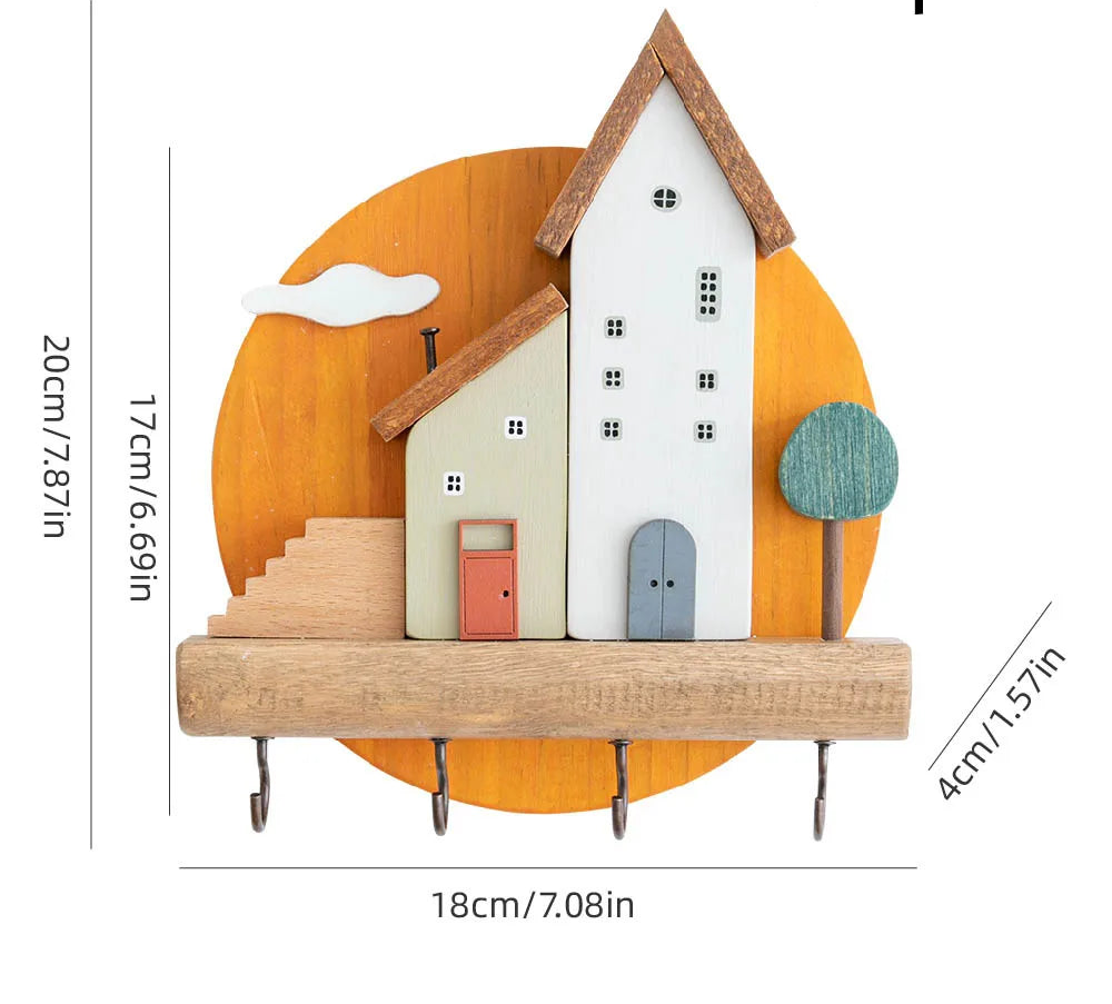 Support à Crochets « Ville de Conte de Fées » – Rangement mural décoratif en bois