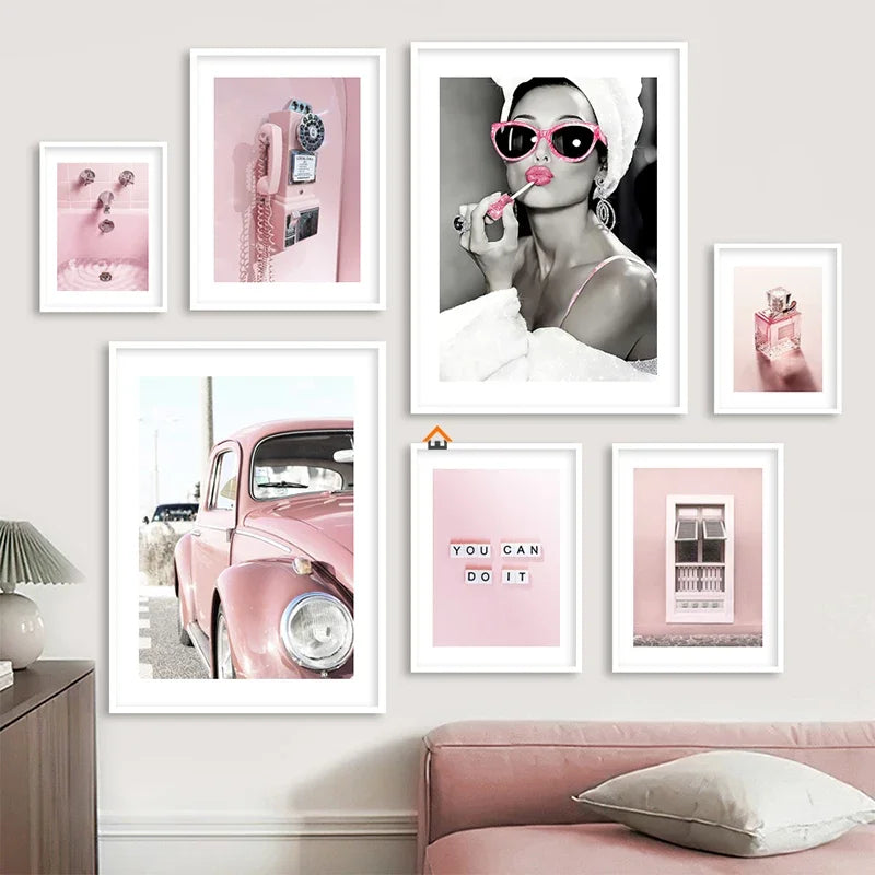 Tableau Décoratif Vintage Rétro - Voiture Rose & Téléphone