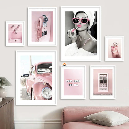 Tableau Décoratif Vintage Rétro - Voiture Rose & Téléphone