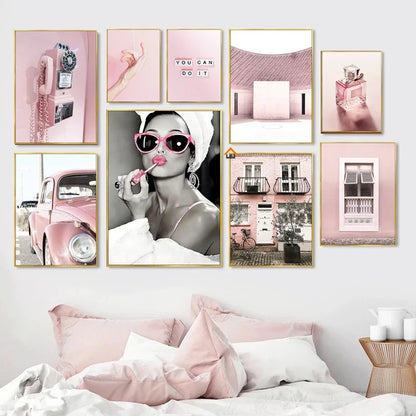 Tableau Décoratif Vintage Rétro - Voiture Rose & Téléphone
