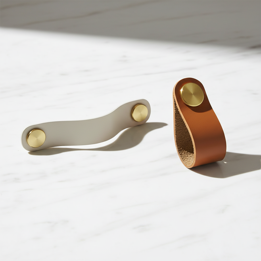 Poignées blanche et marron sur marbre